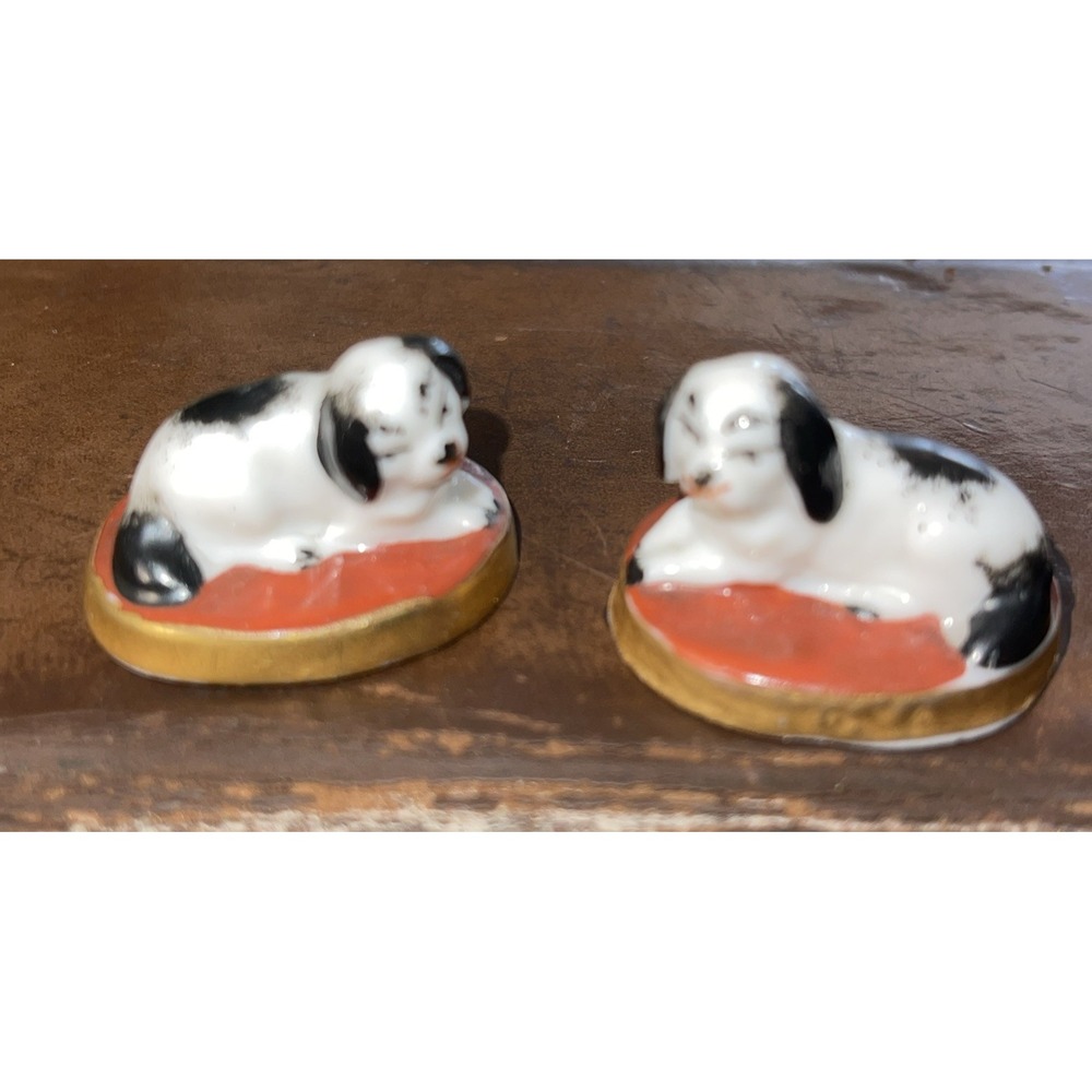 SUPERB  DUO: 19thC SAMPSON, FRANCE FRENCH RECUMBENT DOGS FIGURES c1890s‎